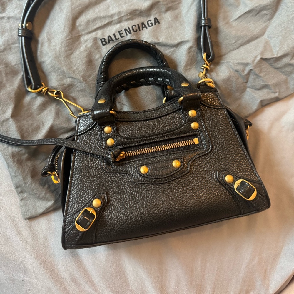 Balenciaga Black Neo Classic City Nano Bag with Gold Accents